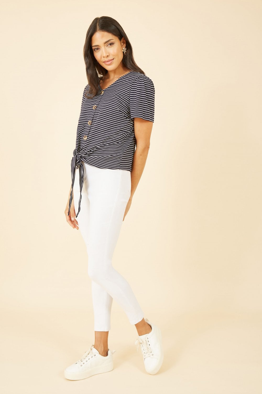 Yumi Navy Striped Jersey Button Detail Top
