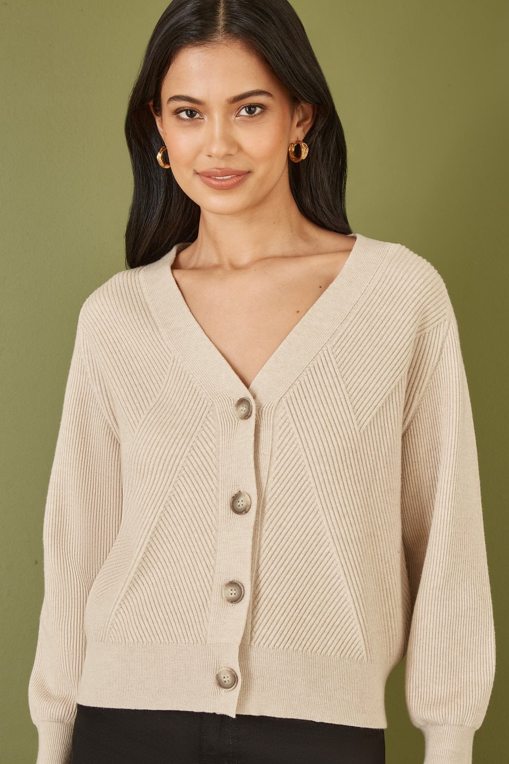 Yumi Oatmeal Relaxed Fit Cardigan With Stitch Detail