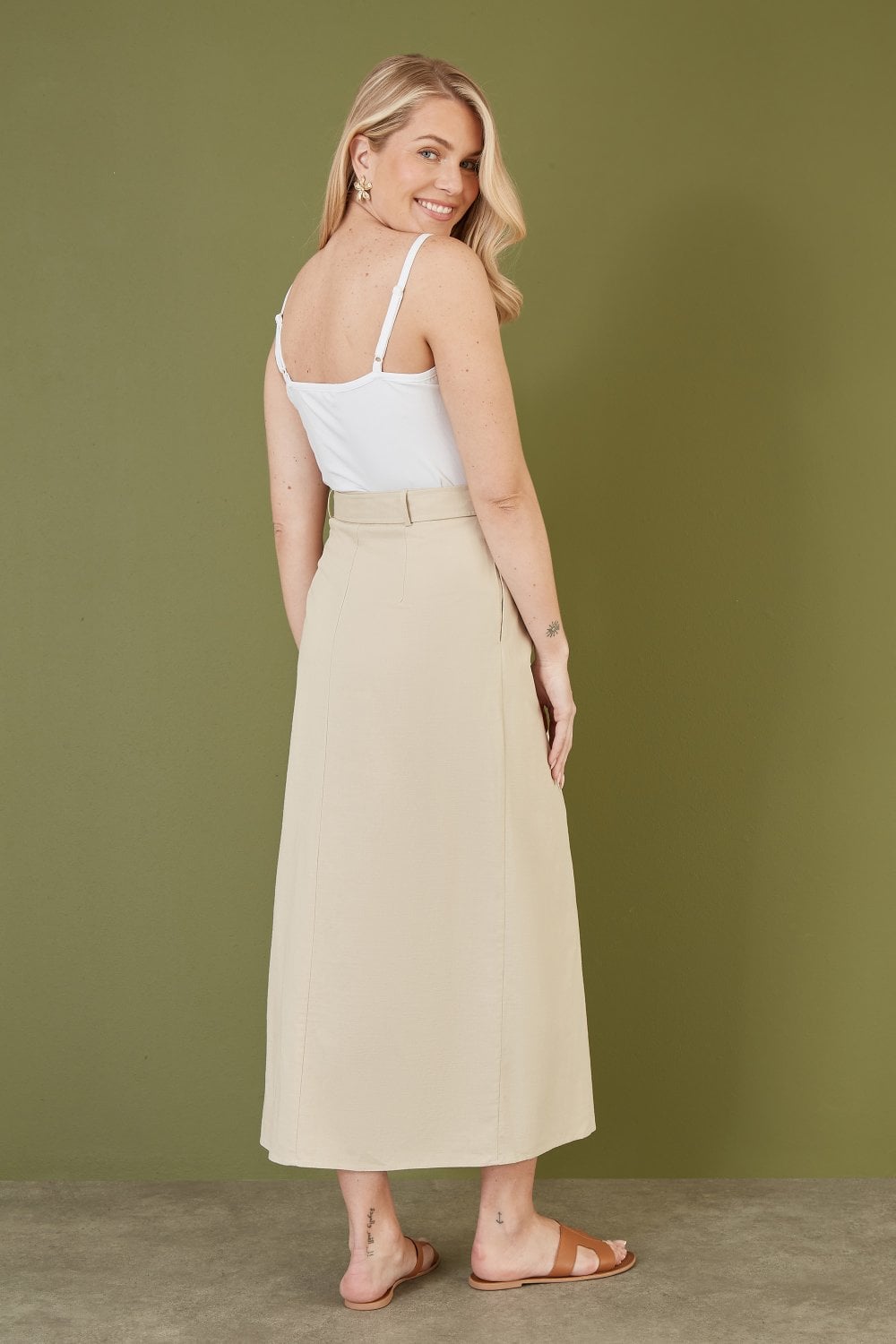 Yumi Stone Cotton Midi Skirt With Belt And Split Hem