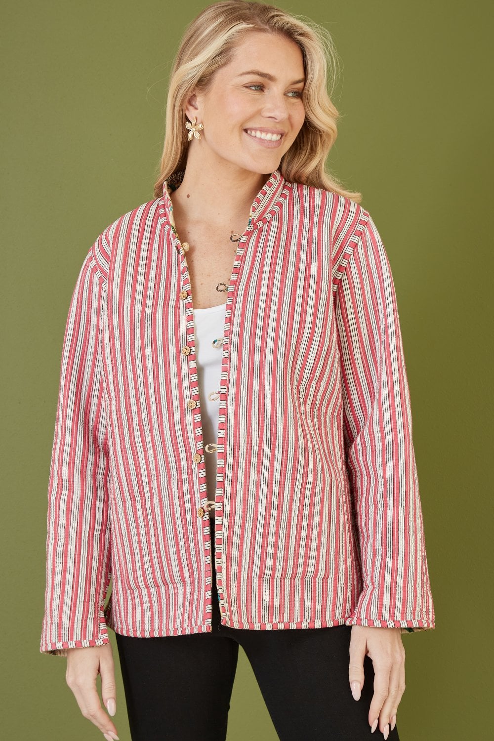 Yumi Stone Floral Print Reversible Cotton Quilted Jacket