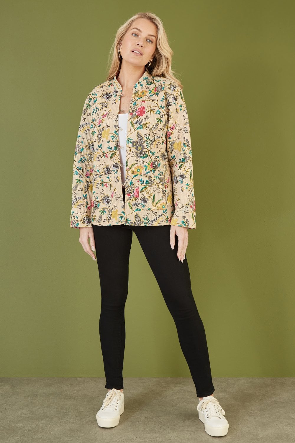 Yumi Stone Floral Print Reversible Cotton Quilted Jacket