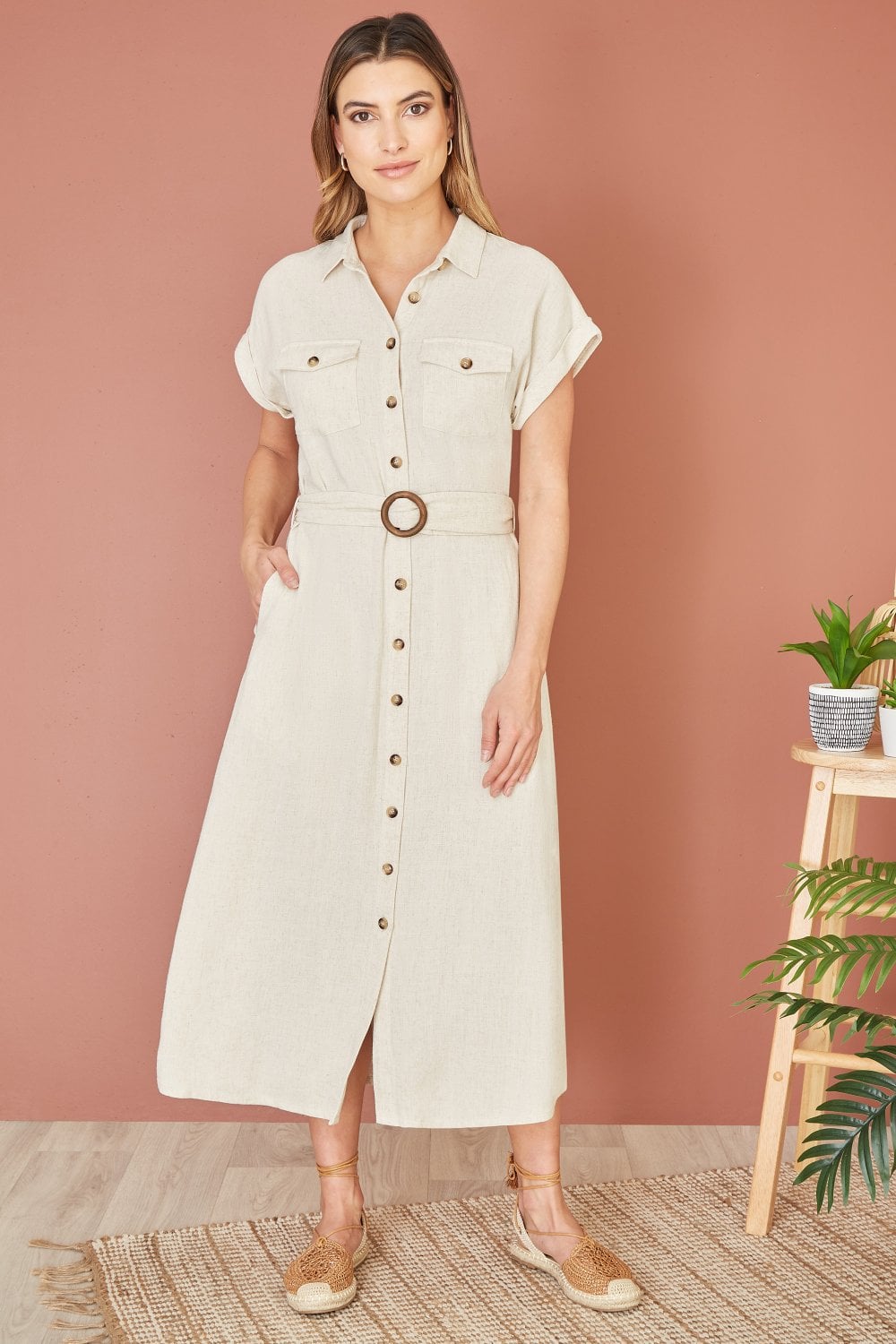Yumi Stone Viscose Linen Look Midi Shirt Dress With Wooden Belt