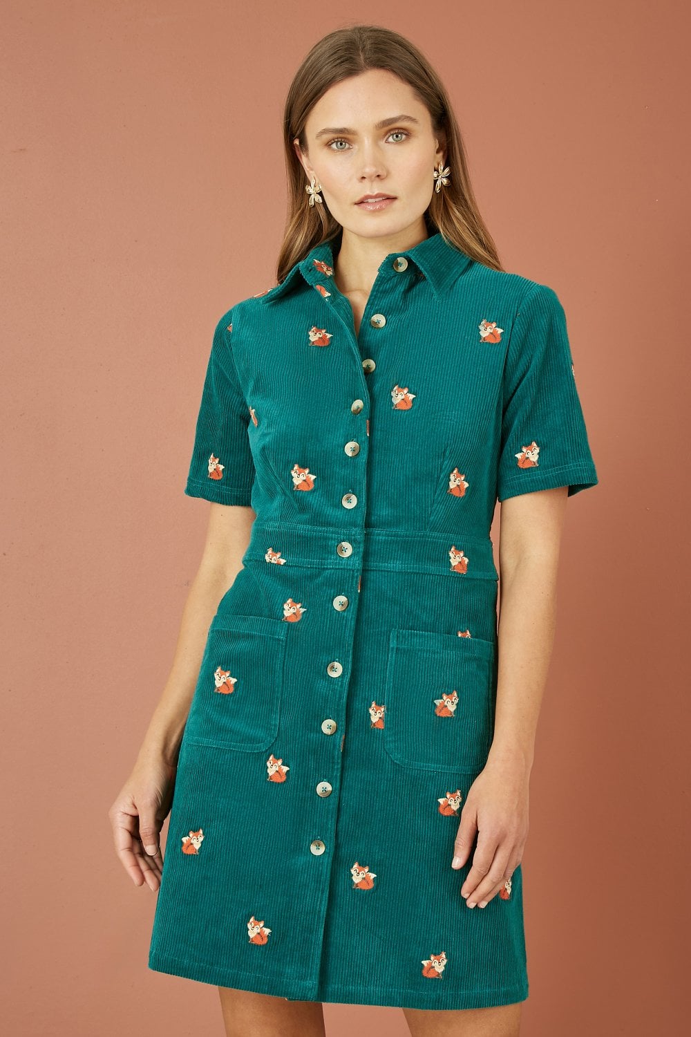 Yumi Teal Cord Shirt Dress With All Over Fox Embroidery