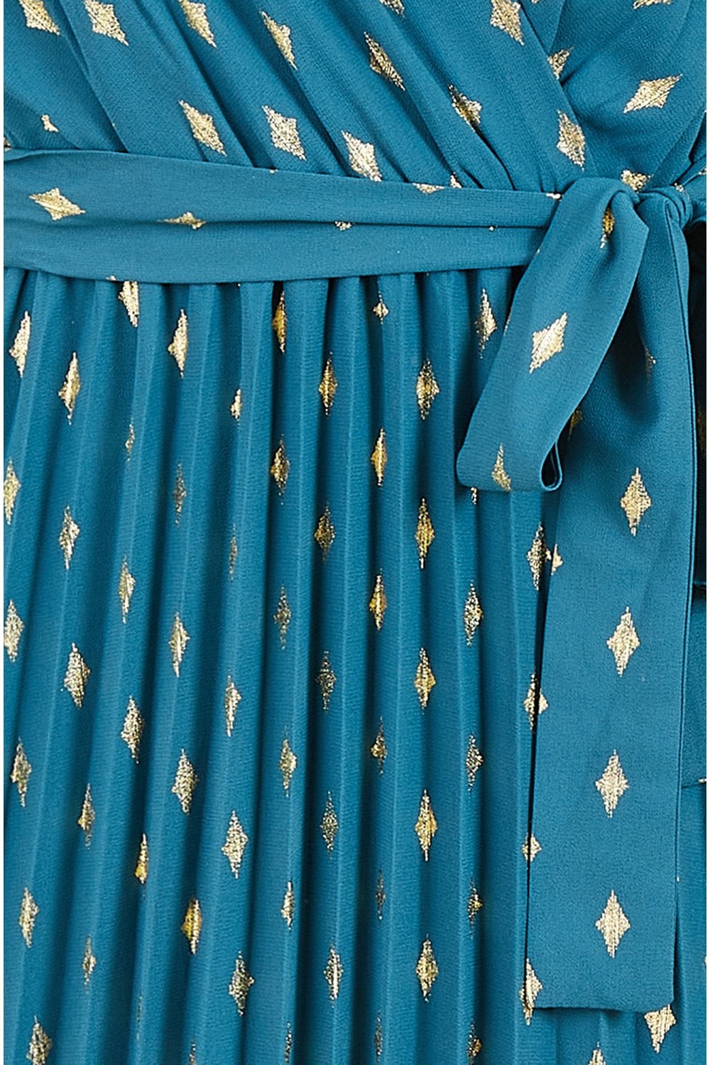 Yumi Teal Foil Printed Pleated Wrap Midi Dress