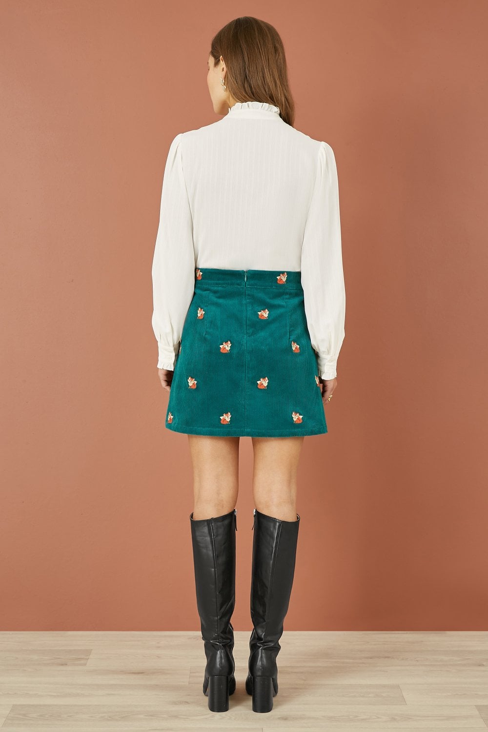 Yumi Teal Fox Embroidered Cord Mini Skirt