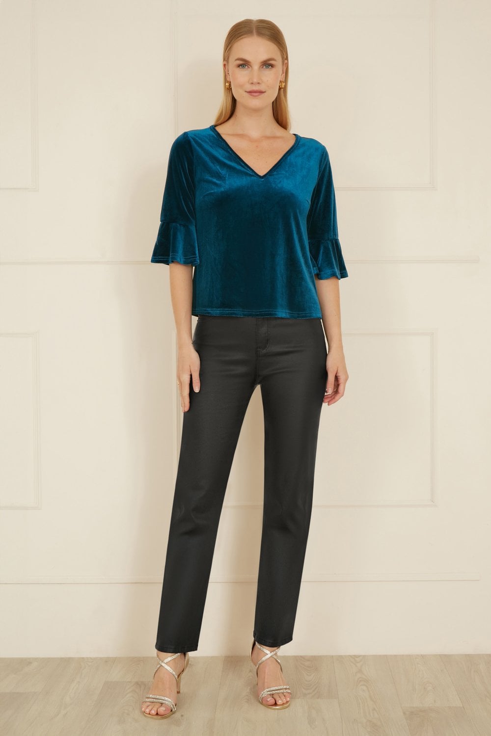 Yumi Teal Velvet Relaxed Fit Top With Fluted Sleeves
