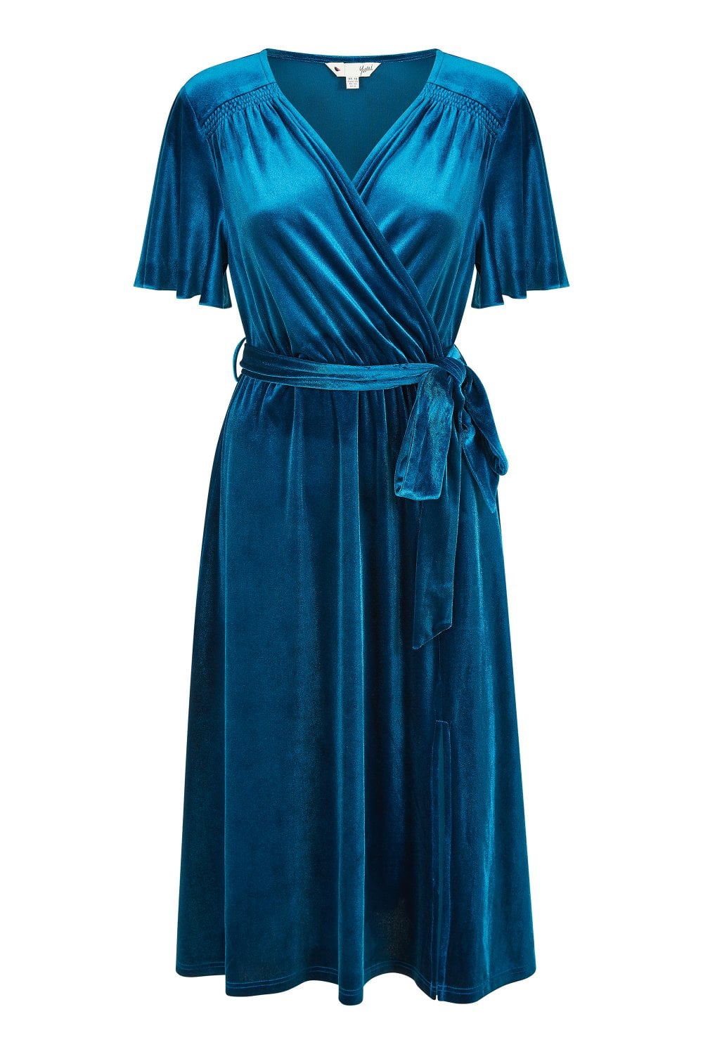 Yumi Teal Wrap Over Midi Dress With Angel Sleeves and Split Hem