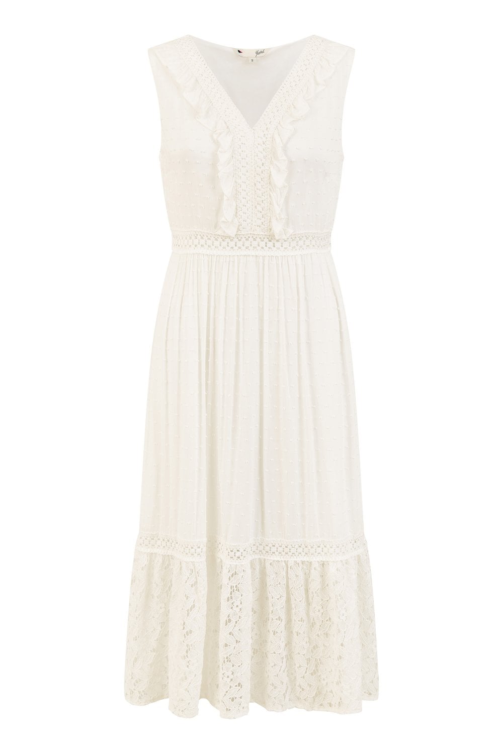 Yumi White Lace And Dobby Cotton Midi Sundress Dress