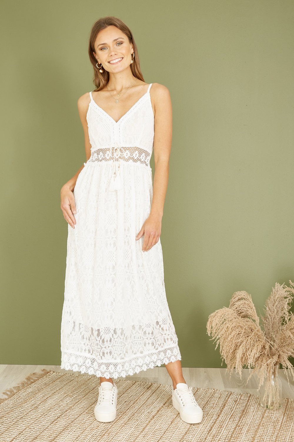 Yumi White Lace Midi Sundress With Tassel Tie and Ruched Back