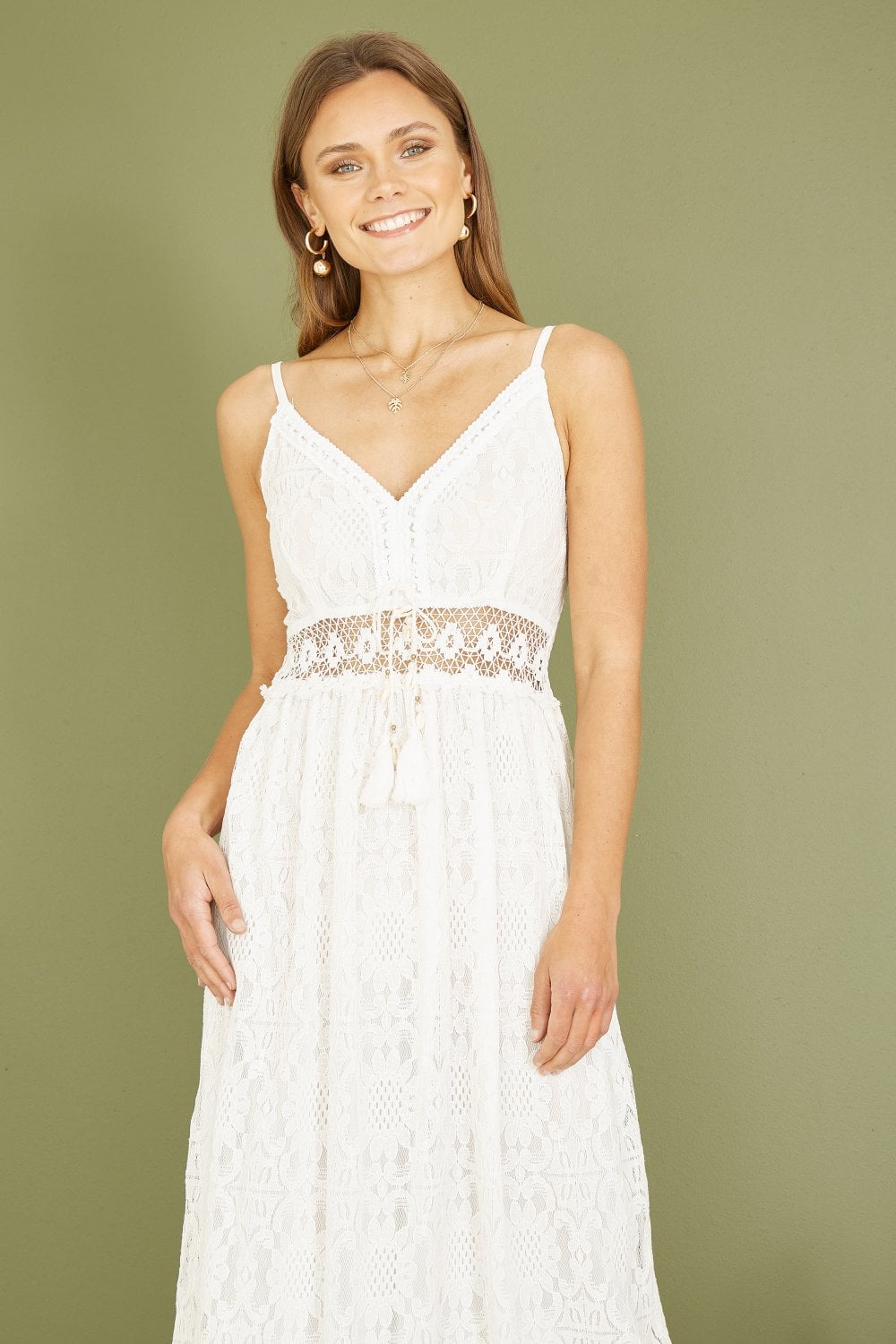 Yumi White Lace Midi Sundress With Tassel Tie and Ruched Back