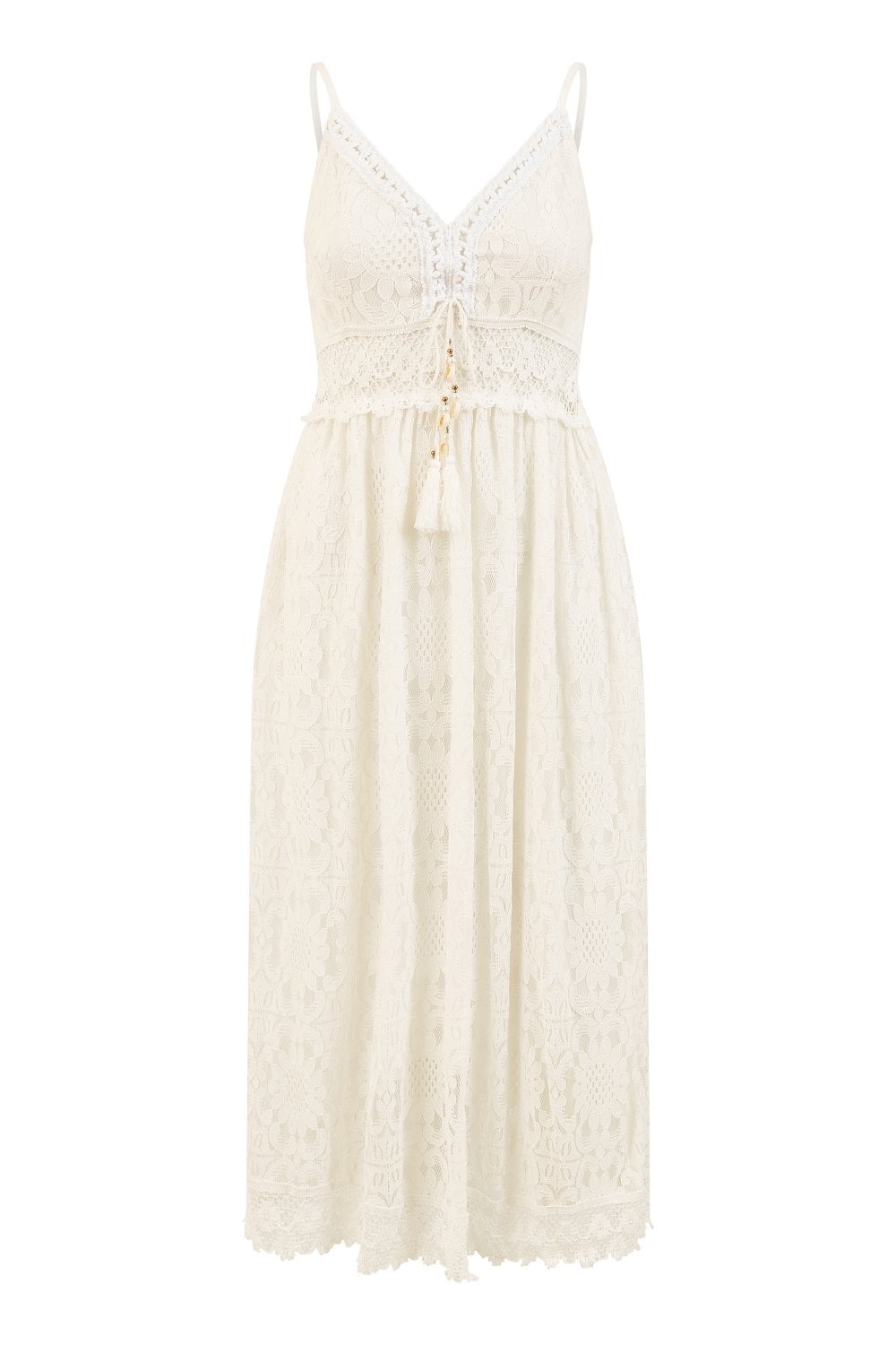 Yumi White Lace Midi Sundress With Tassel Tie and Ruched Back