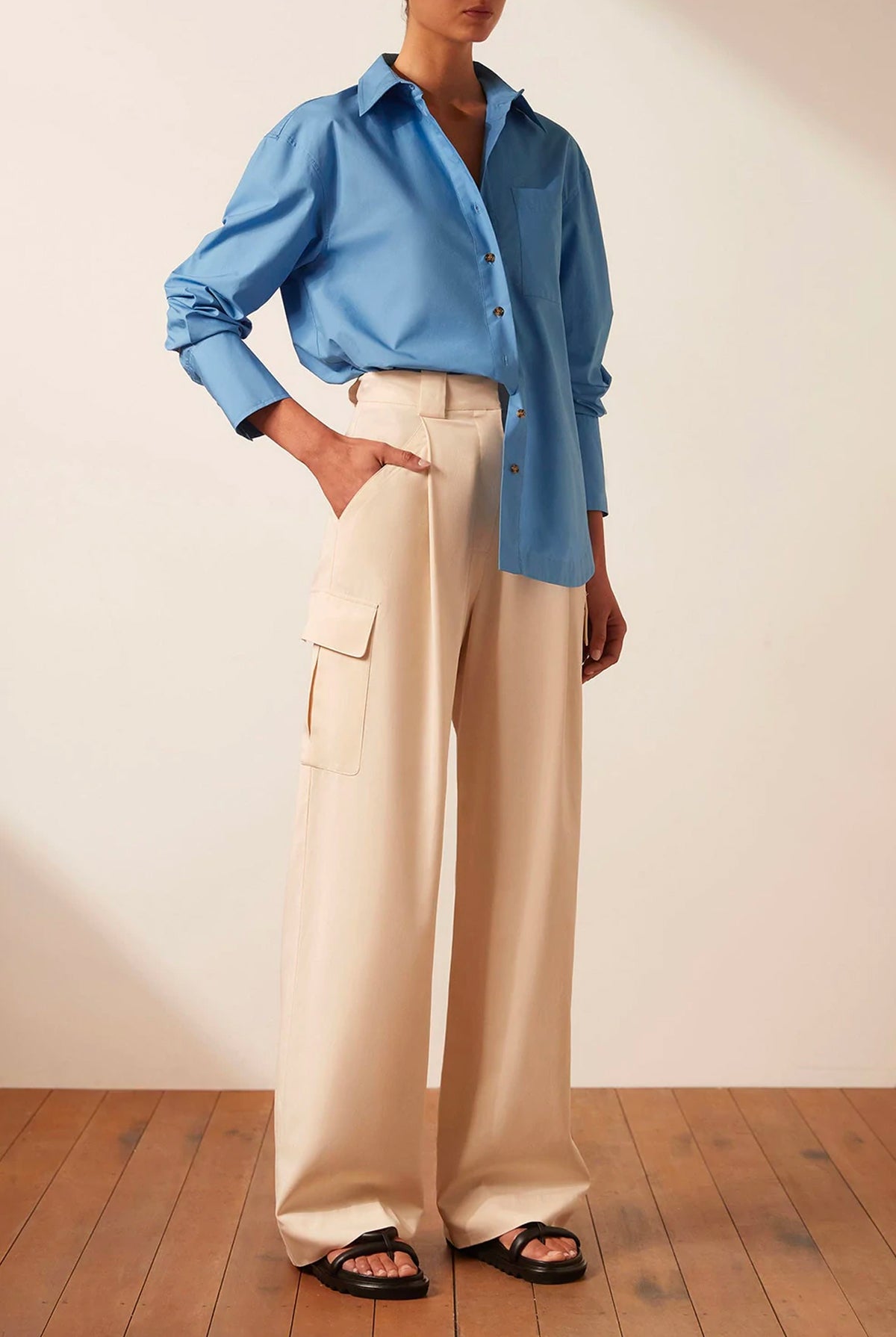 ISABELLA BUTTON UP BOYFRIEND SHIRT - MEDITERRANEAN BLUE