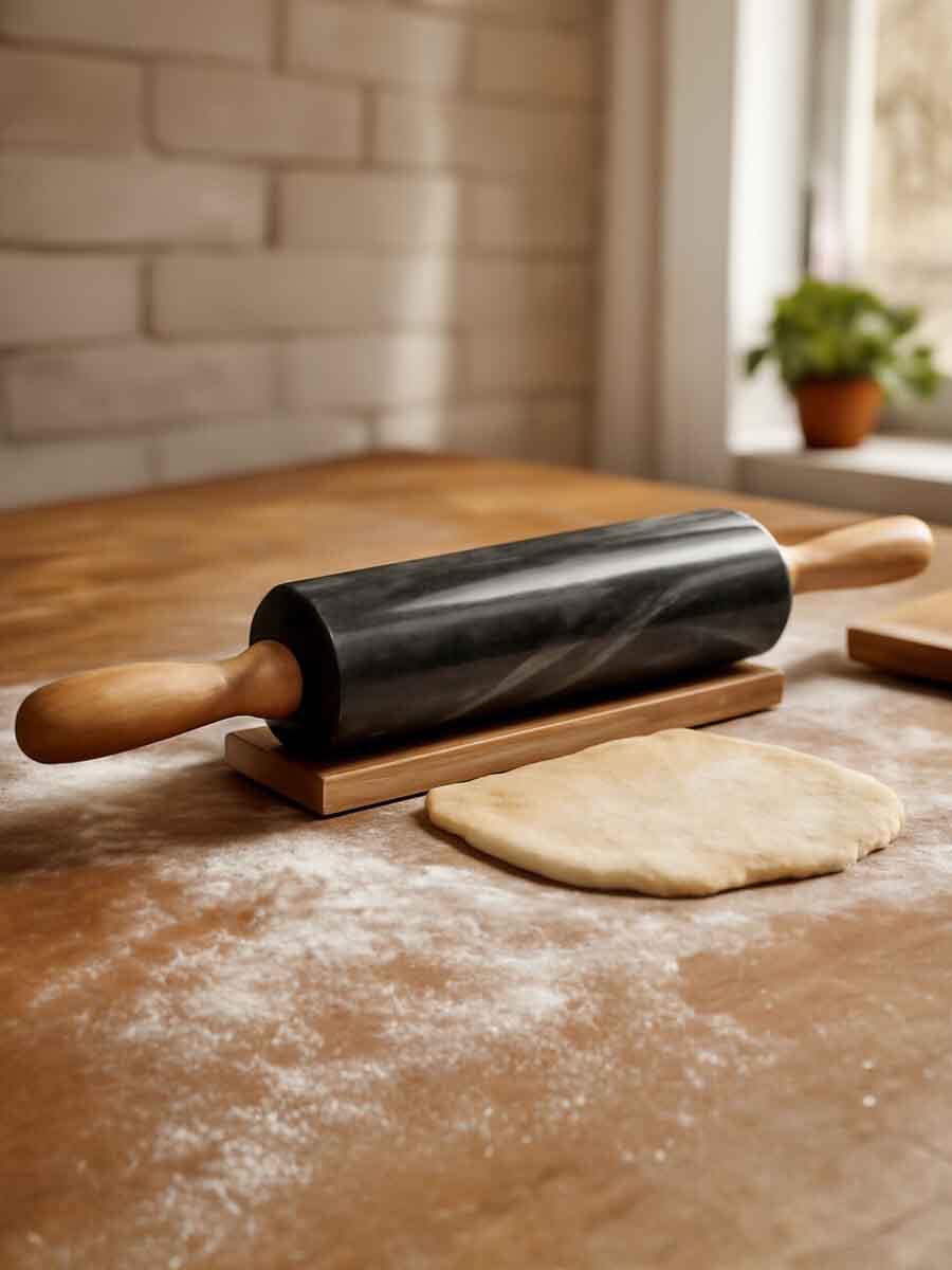 Marmore Black Marble Rolling Pin With Wooden Handles