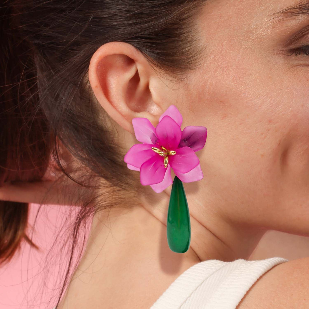 Fuschia Resin Floral Clip on Earring With Green Drop
