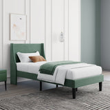 Single Bed Velvet Dark Green Upholstered Bed with Winged Headboard and Wood Slat Supports