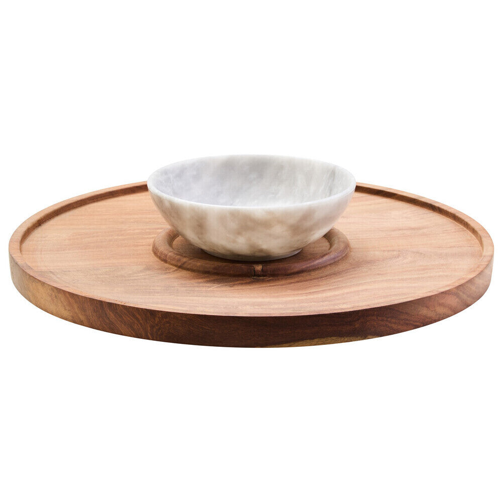 Kora Acacia Wood And White Marble Chip And Dip Plate