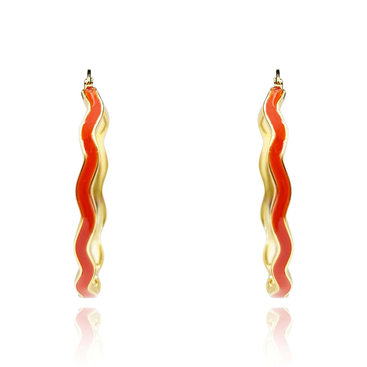 Coral Enamel and Gold Wavy Hoop Earrings