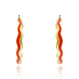 Coral Enamel and Gold Wavy Hoop Earrings