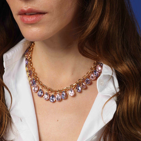 Light Rose and Light Amethyst Gold Plate Crystal Necklace