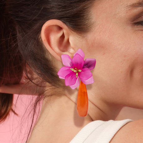 Fuschia Resin Floral Clip on Earring With Orange Drop