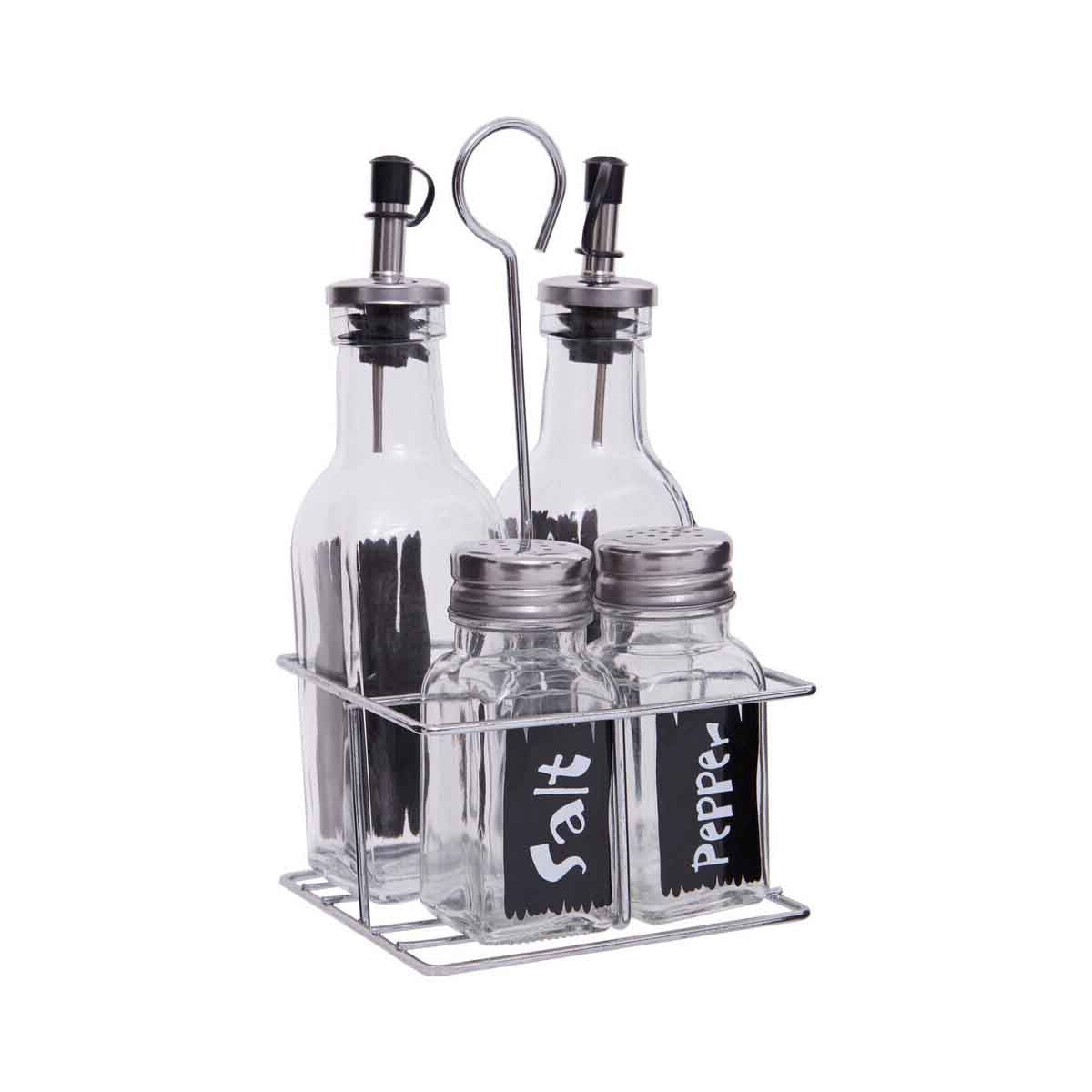 Clr Glass Oil/Vinegar/Salt & Pepper Set In Wire Stand