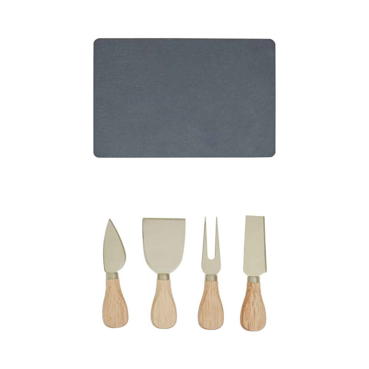 Carter Slate Board and 4 Piece Cheese Knife Set in Gold Finish