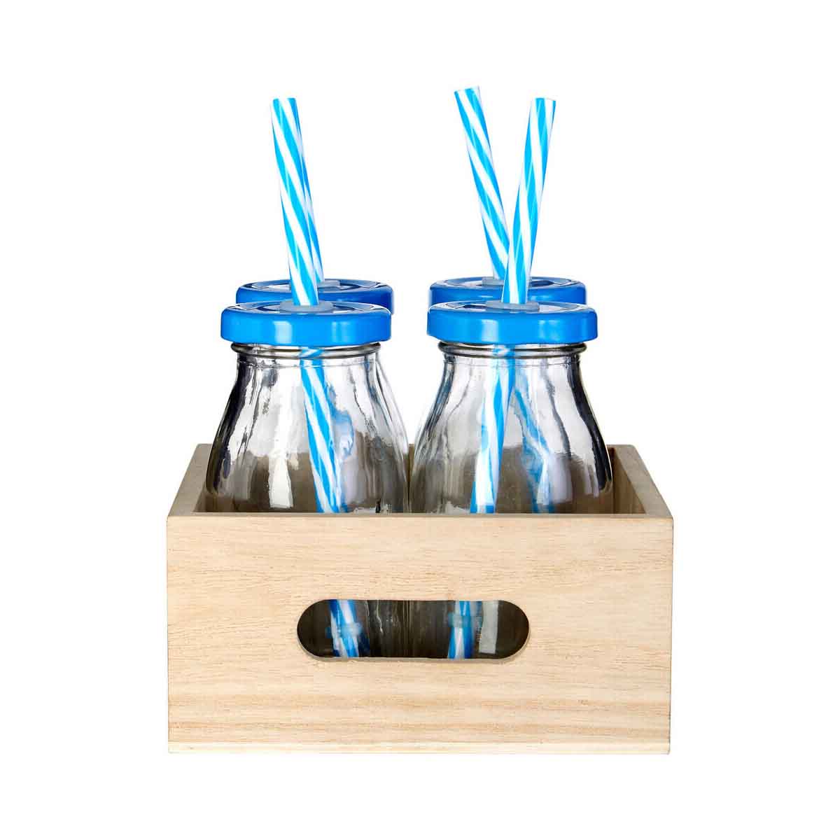 Set of 4 Milk Bottles with Blue Straws and Lids