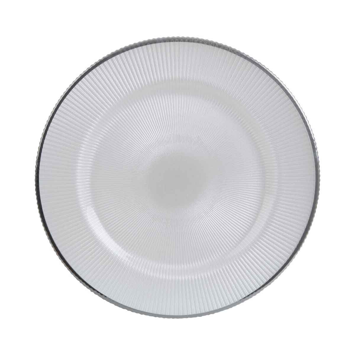 Ida 33cm Embossed White Glass Charger Plate with Silver Rim