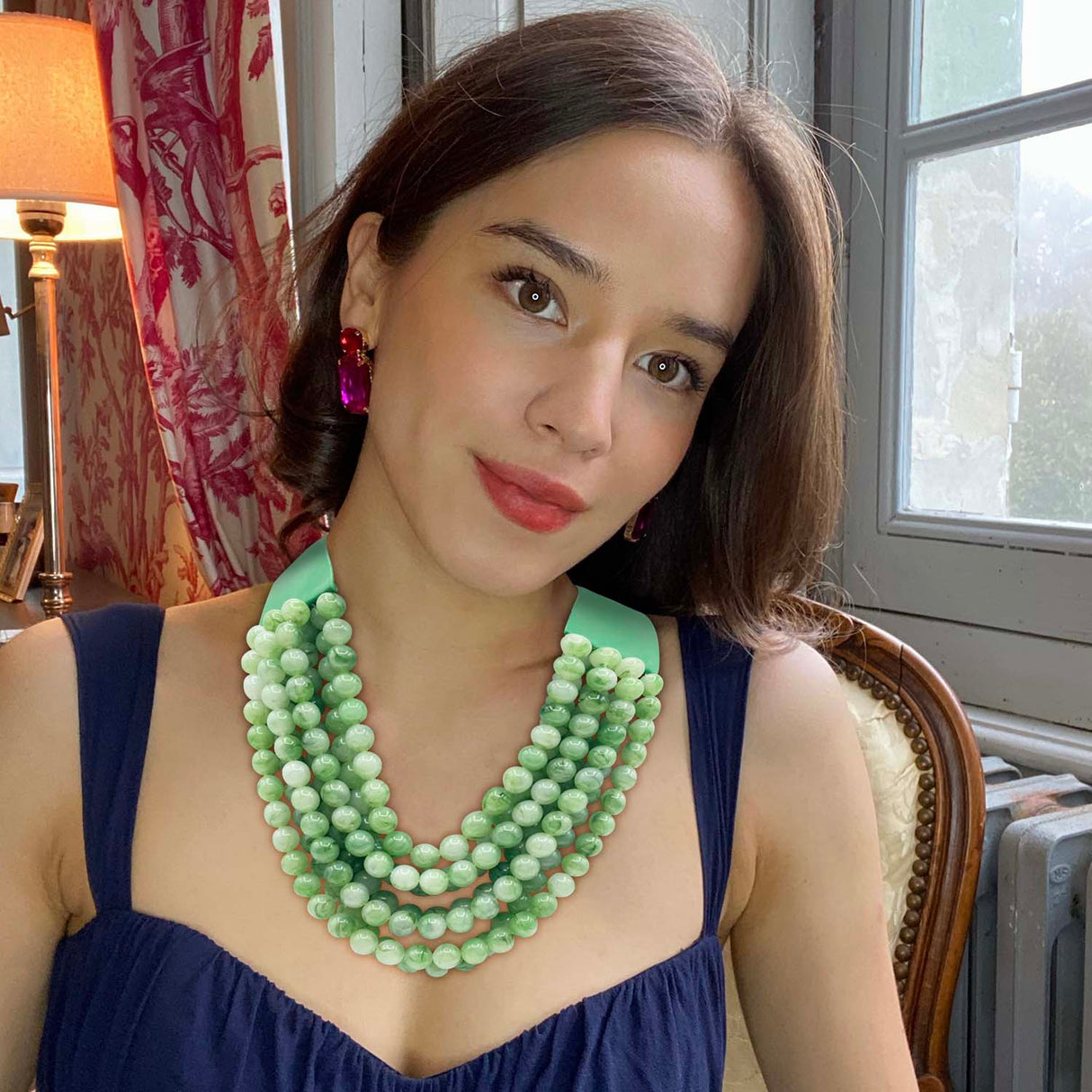 Multi-Strand Jade Green  Resin Necklace With Vegan Adjustable Clasp
