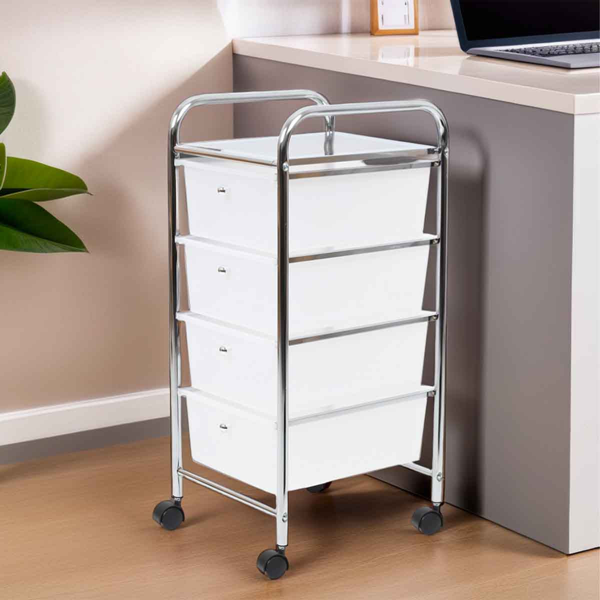 Tube Frame 4 White Plastic Drawers Trolley