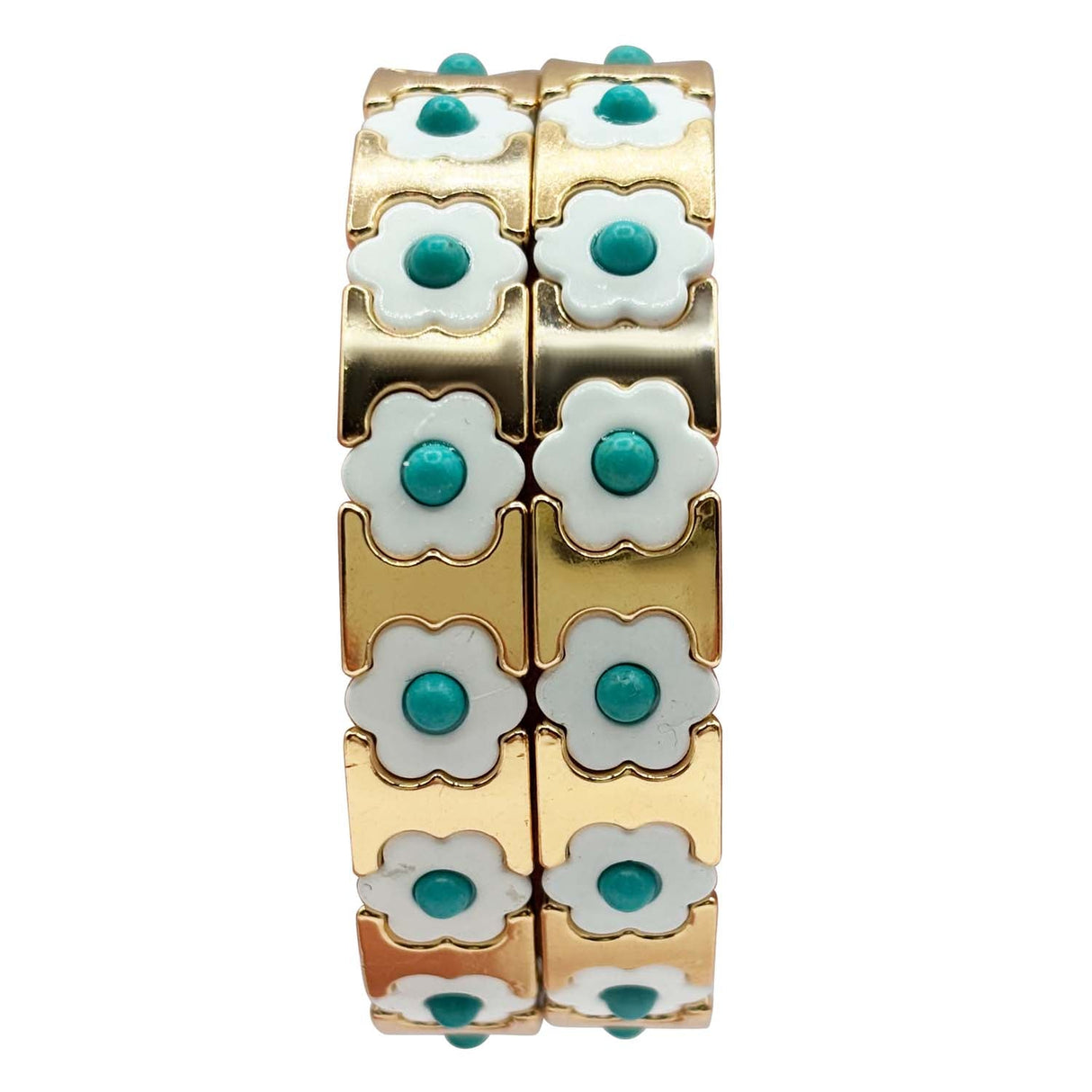 Turquoise, White, and Gold Enamel Two-Strand Elasticized Bracelets