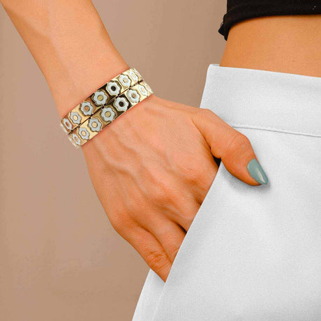 White  and Gold Enamel Two-Strand Elasticized Bracelets