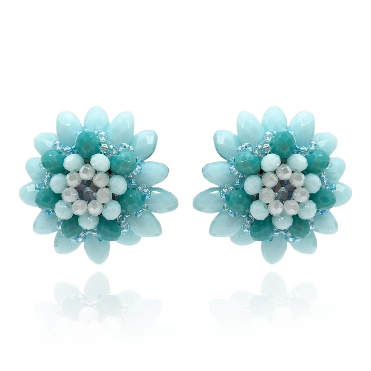 Light Blue Button Faceted Glass Bead Clip on Earring