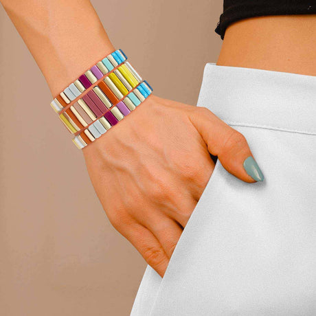 Multi Pastel and Bright Enamel Stretch Three Piece Bracelet Set