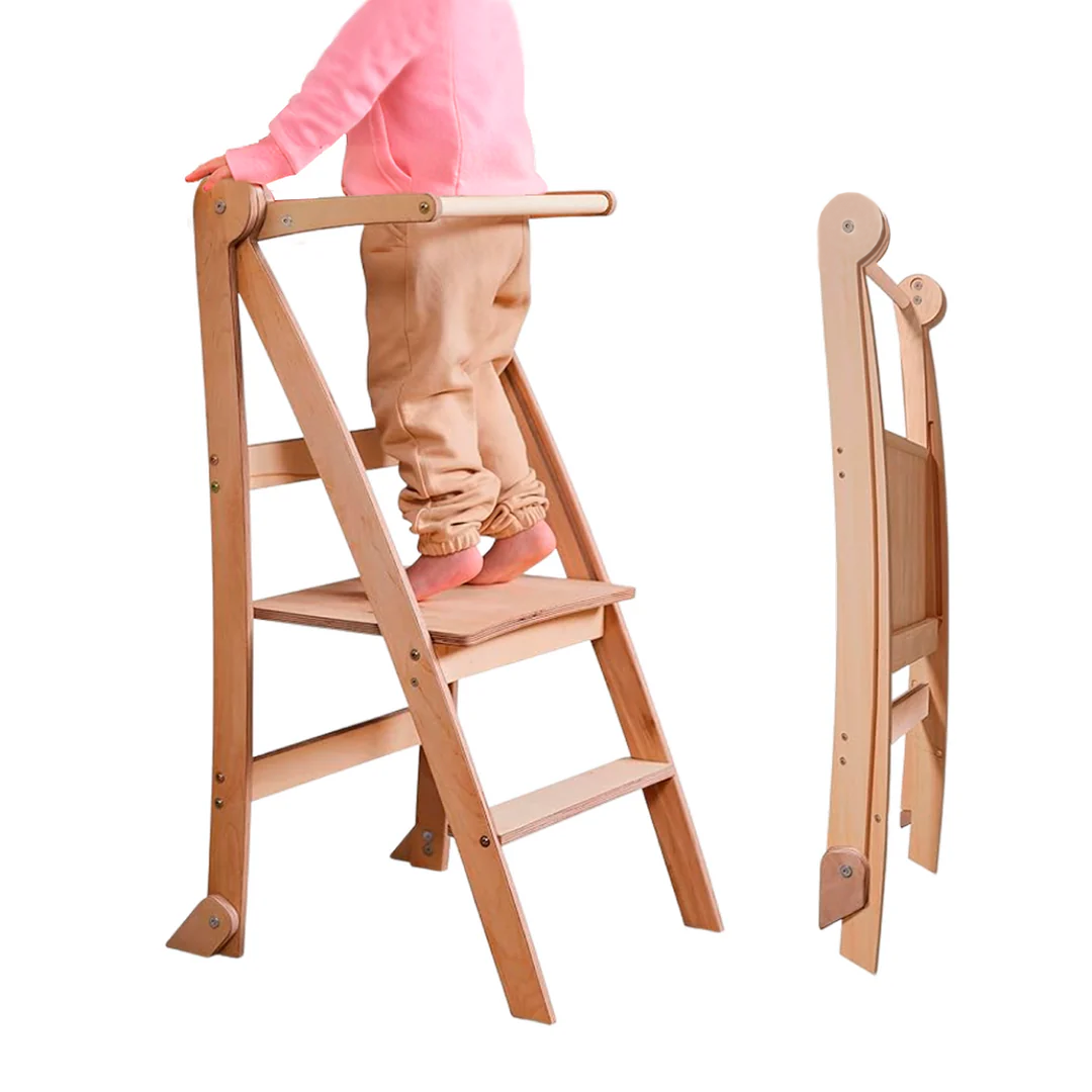 Folding Growing Chair – Montessori Step Stool With Safety Rails for Toddlers – Beige