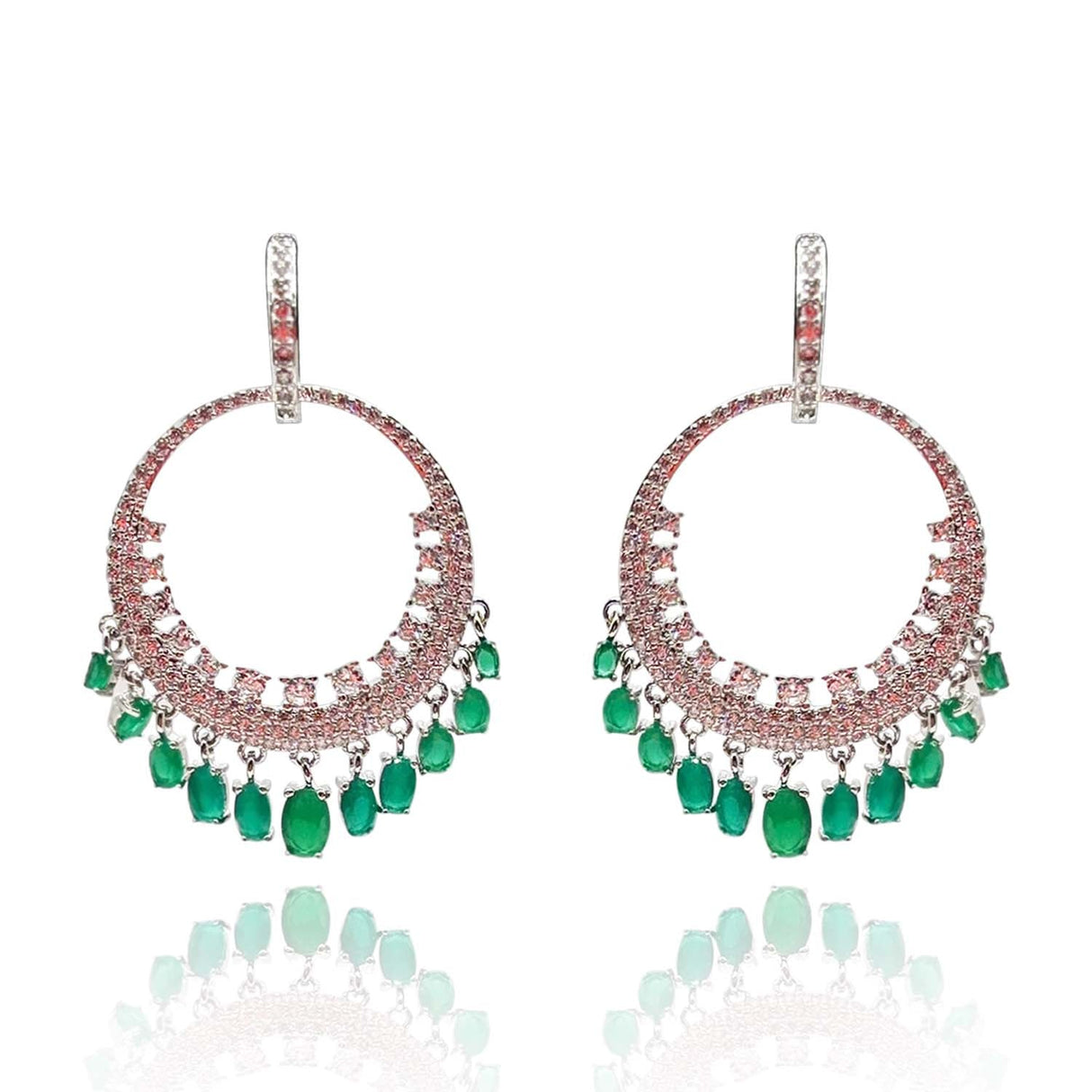Rhodium Plated Cubic Zirconium Emerald and Diamond Drops