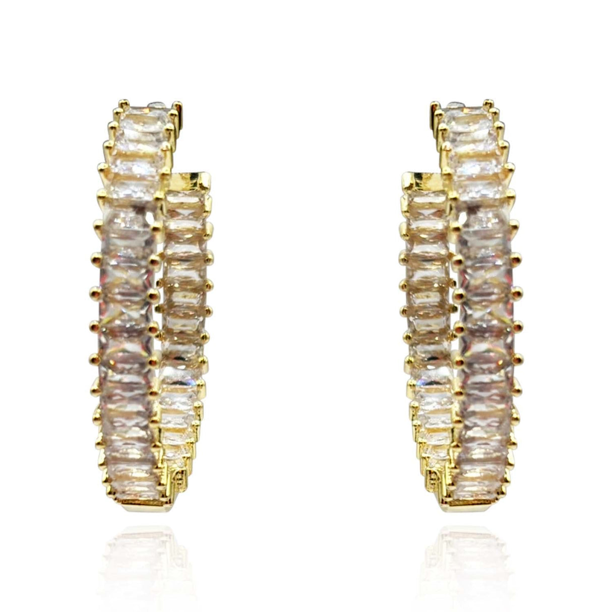Large Gold Plated Cubic Zirconium Baguette Hoop Earrings