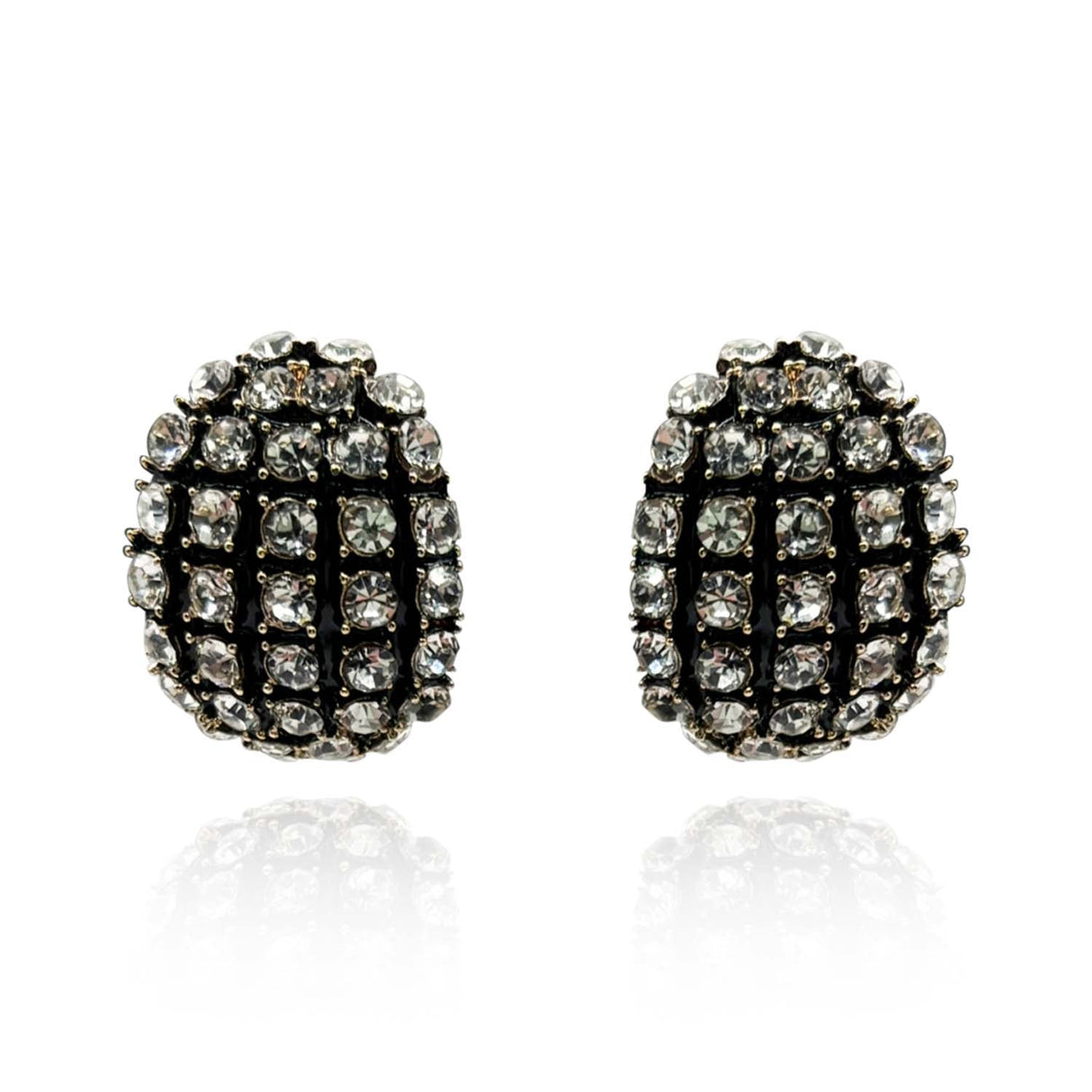 Elsa Black Enamel and Crystal Scalloped Button Clip Earrings