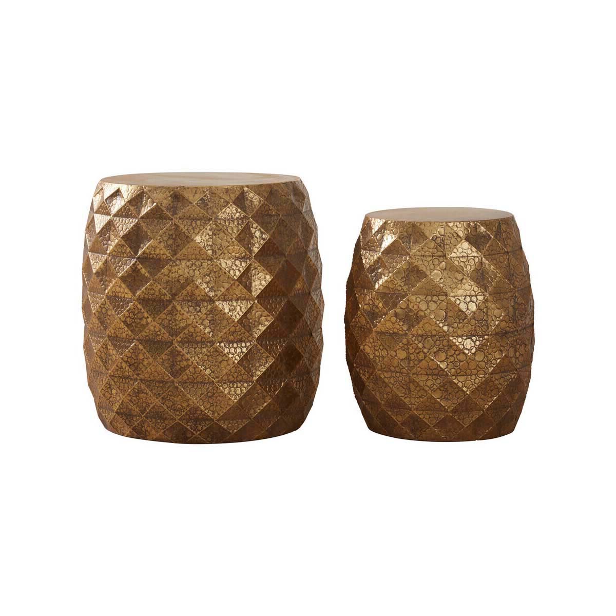 Reza Set of 2 Antique Gold Finish Textured Stools and Tables