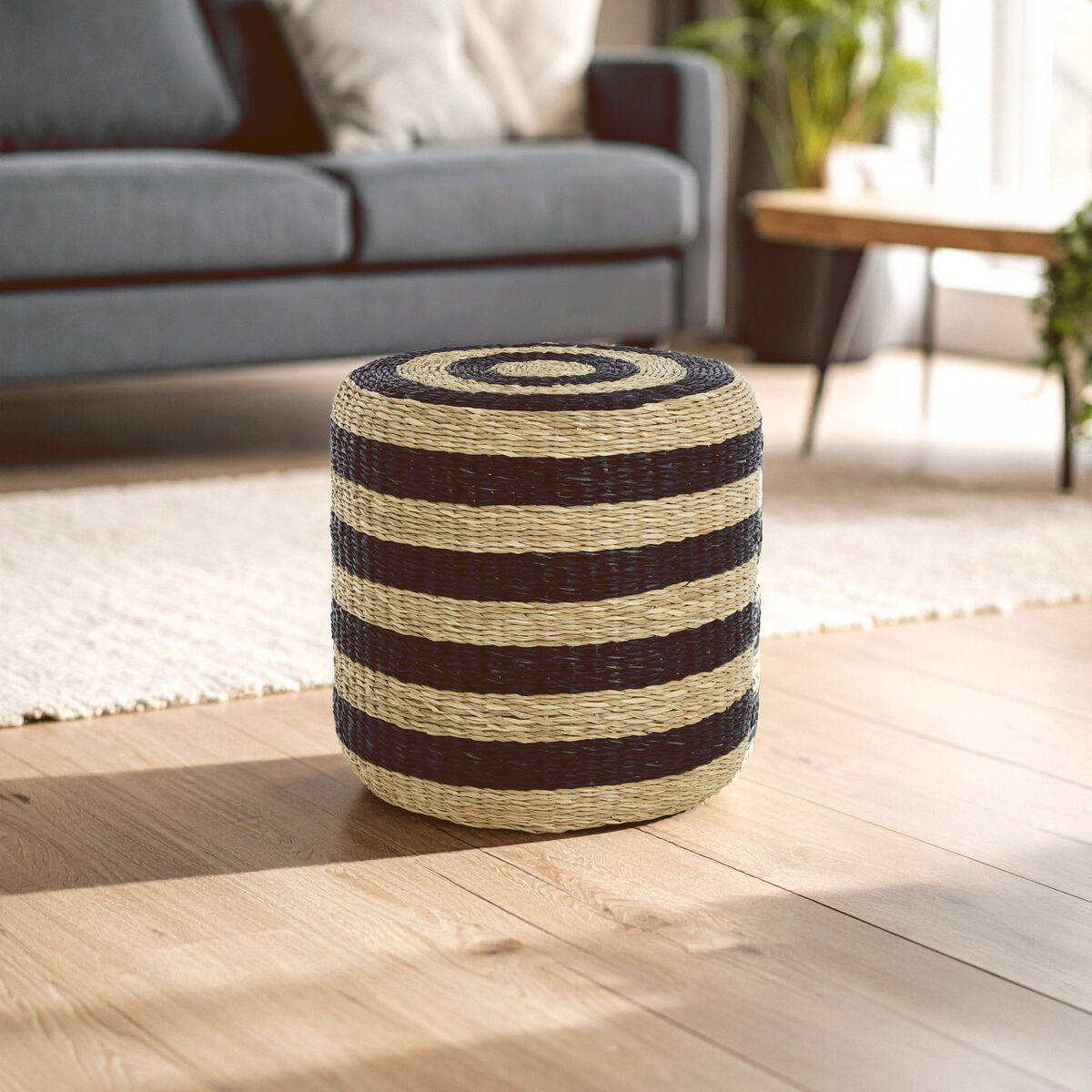 Ashby Seagrass Pouffe with Black Stripes.