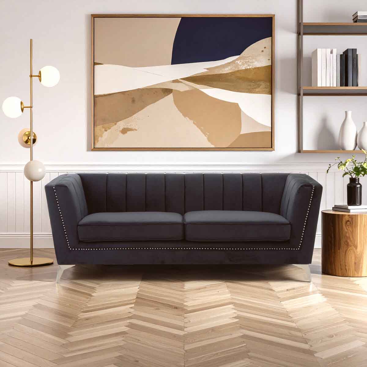 Hansa Three Seat Black Velvet Sofa