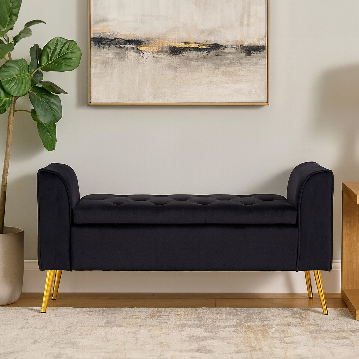 Loretta Black Velvet Ottoman Storage Bench