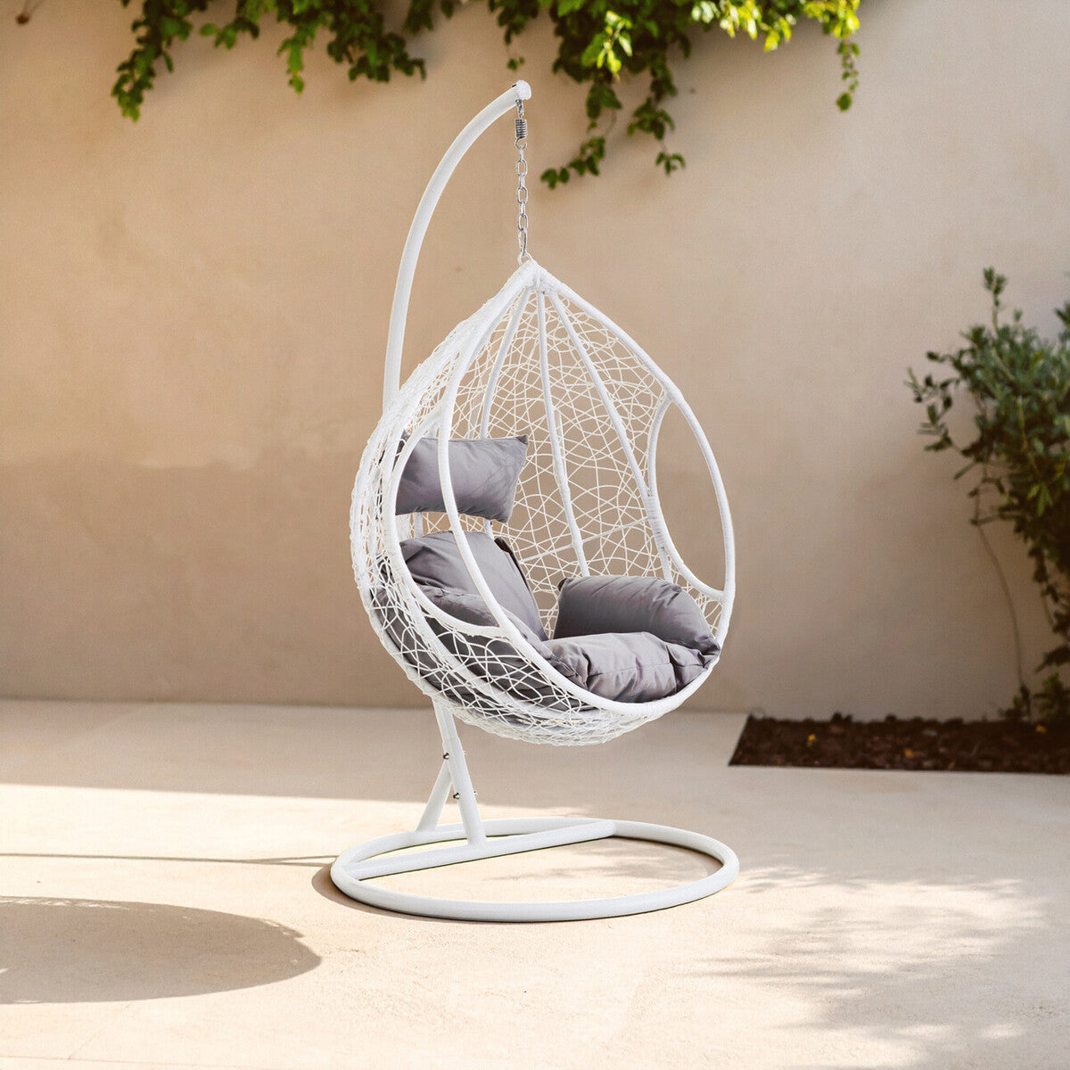 Goa White Rattan Effect Hanging Chair with Grey Cushions