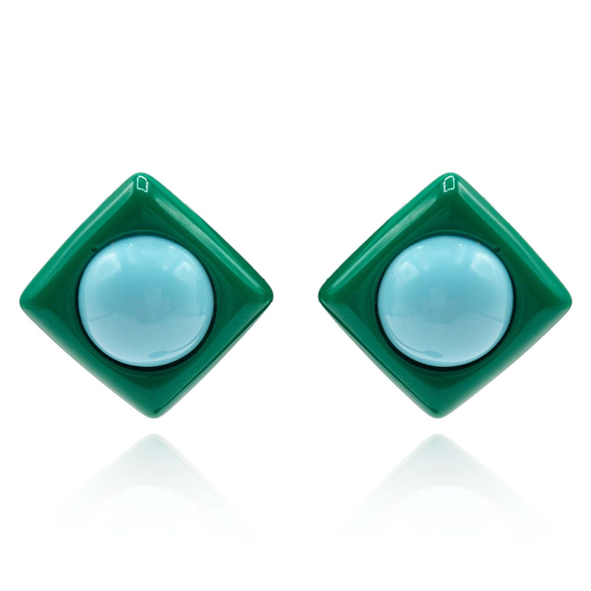 Green Resin Square Clip on Earrings With Light Blue Dome Center