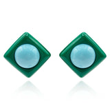 Green Resin Square Clip on Earrings With Light Blue Dome Center