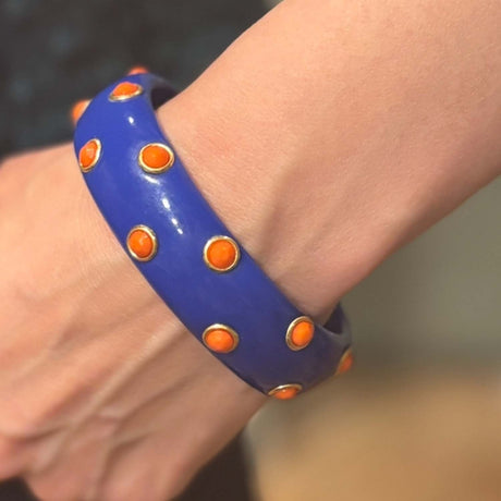 Navy Resin Bangle With Coral Glass Stones in Gold-Plated Brass Settings