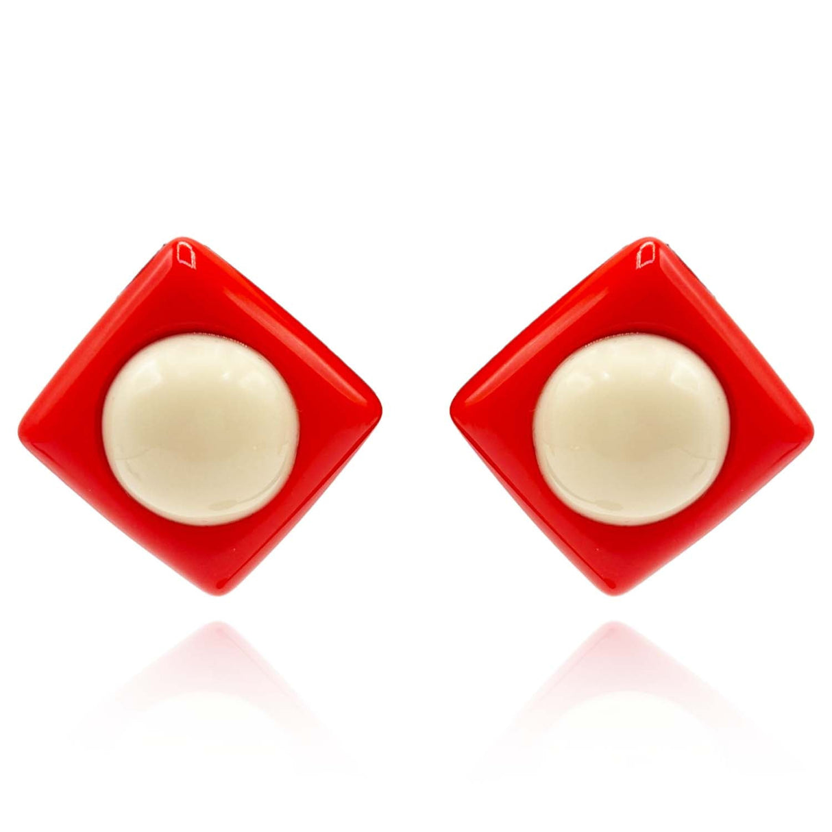 Orange Resin Square Clip on Earrings With Ivory Dome Center