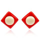 Orange Resin Square Clip on Earrings With Ivory Dome Center