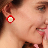 Orange Resin Square Clip on Earrings With Ivory Dome Center