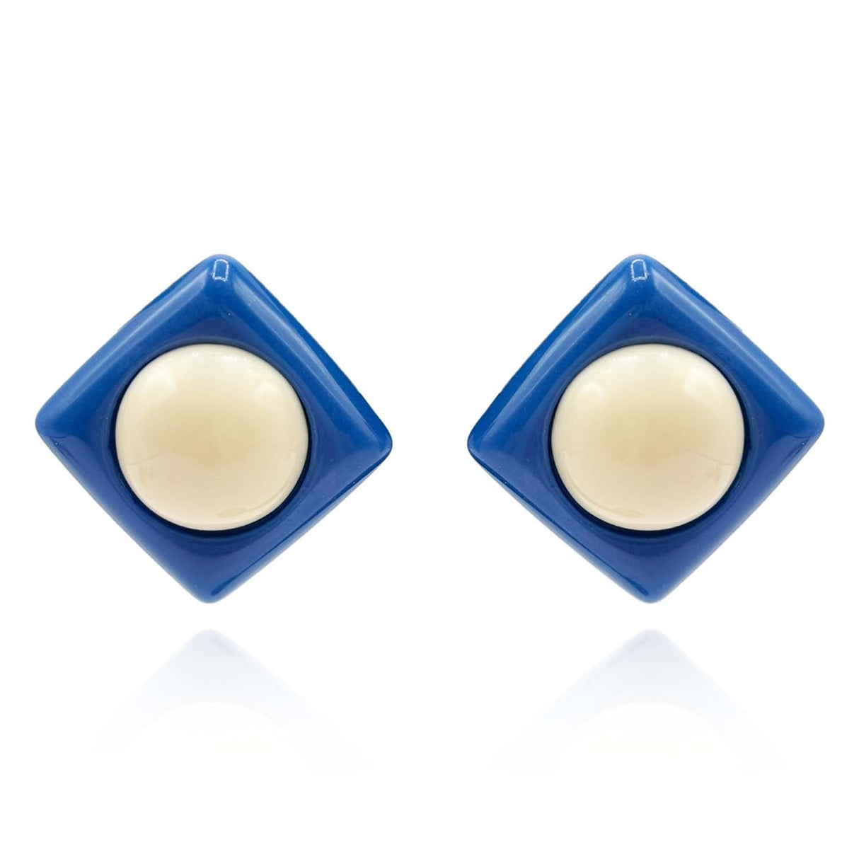 Blue Resin Square Clip on Earrings With Ivory Dome Center